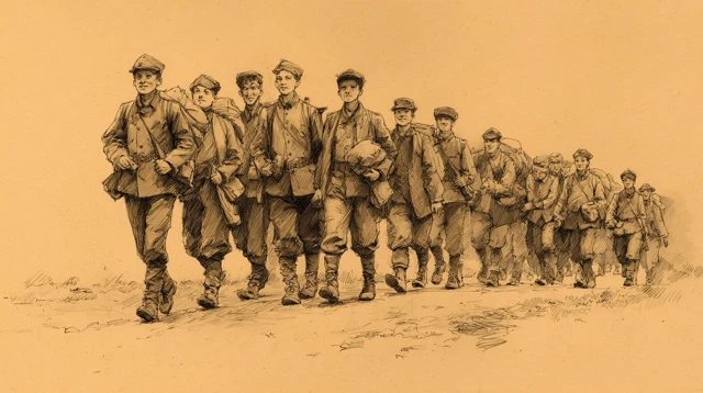 Vintage Sepia Ink Sketch: Young Soldiers Marching to War