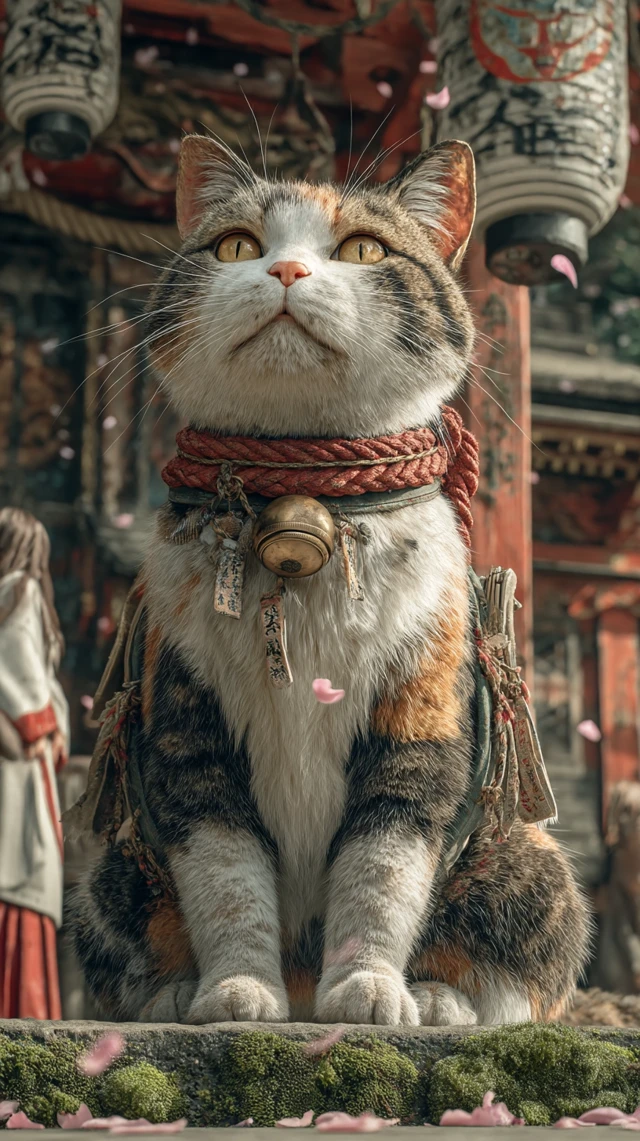 Giant Cat in Shrine Japanese Bobtail Art