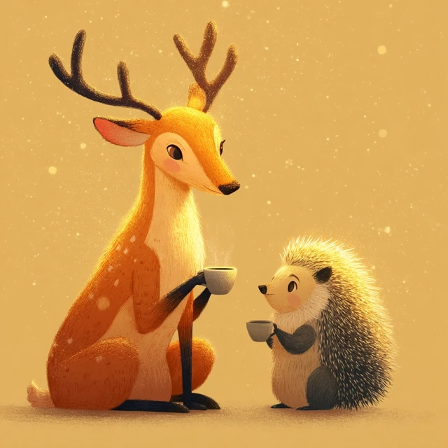 Cozy Winter Illustration: Deer and Hedgehog