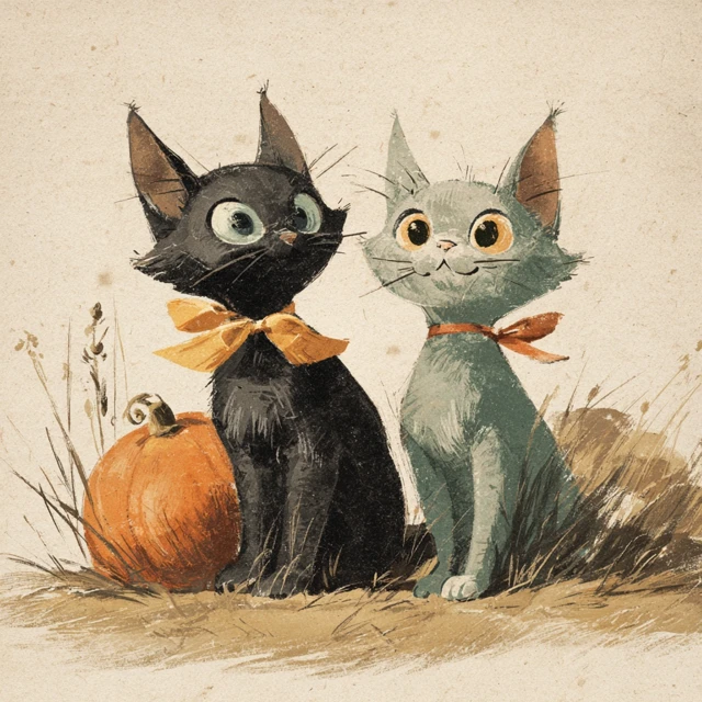 Vintage Halloween Greeting Card Cats and Pumpkin