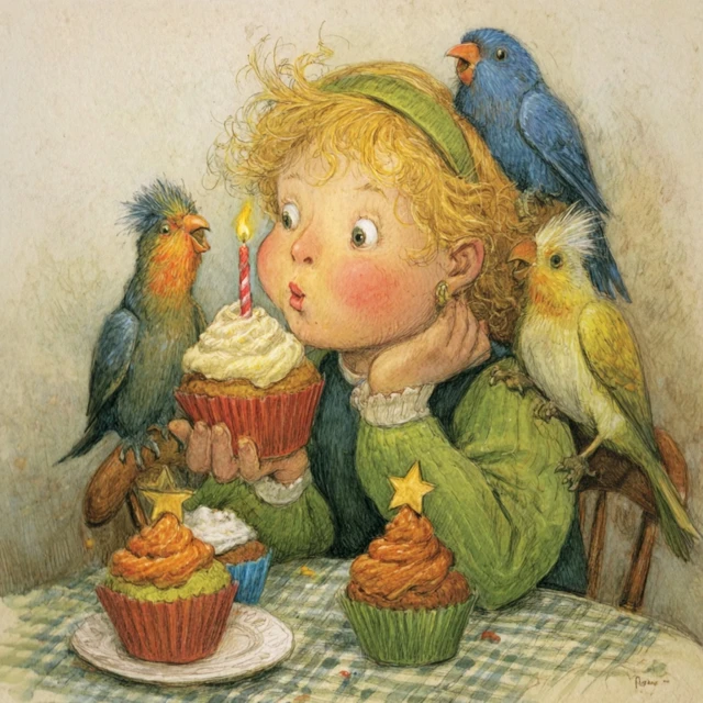 Cute Girl Blowing Candle on Cupcake Illustration