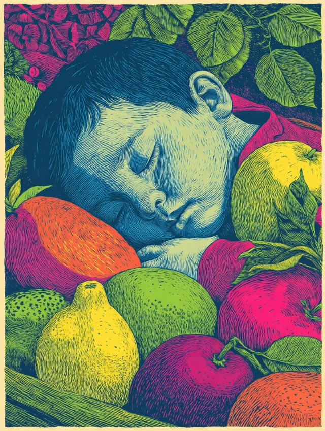 Psychic Toddler Dreaming of Fruit Linocut Print