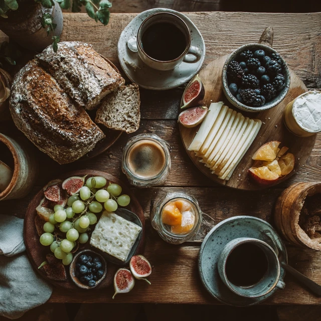 Rustic Breakfast Scene Bread Cheese Fruits Coffee