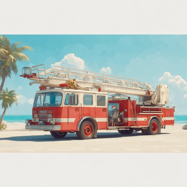 Fire Truck on the Beach Kids Illustration