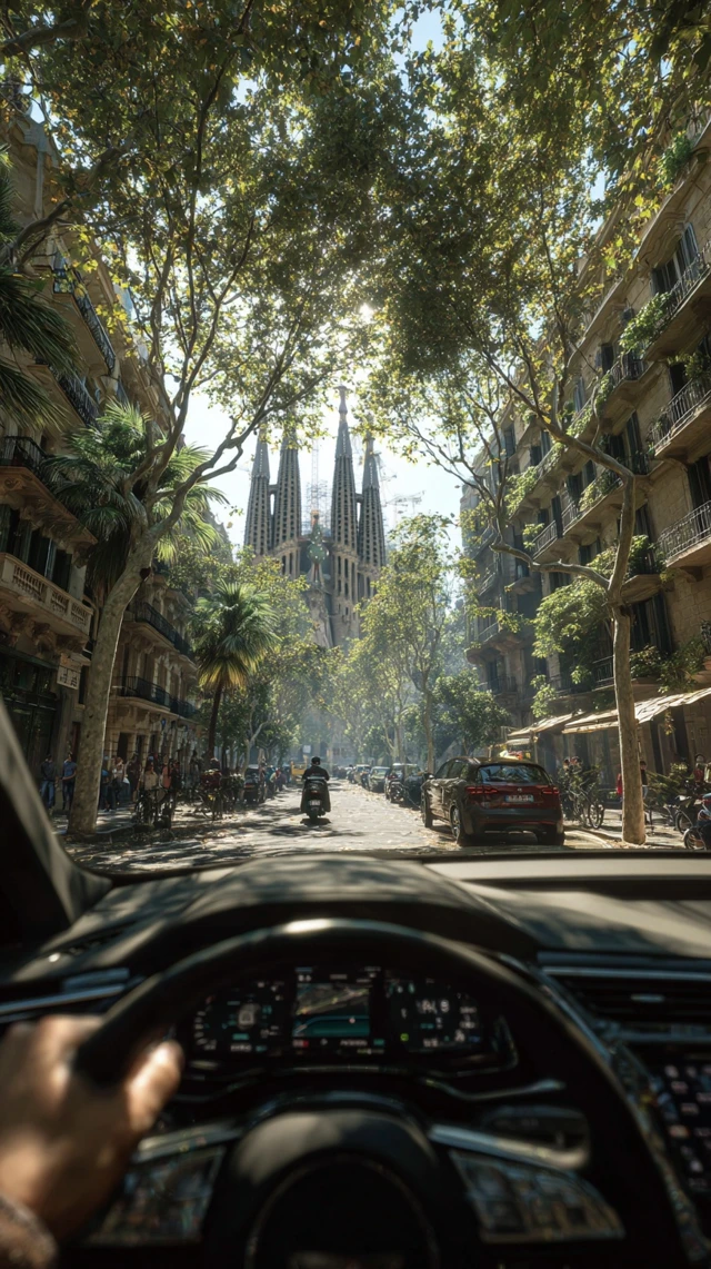 Barcelona Drive View Sagrada Familia Modern Car