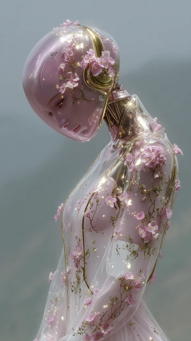 Surreal Robot with Flowers: Futuristic Beauty