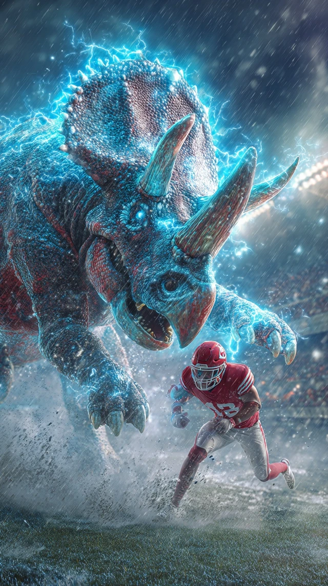 Cyberpunk Football Triceratops in Stormy Stadium