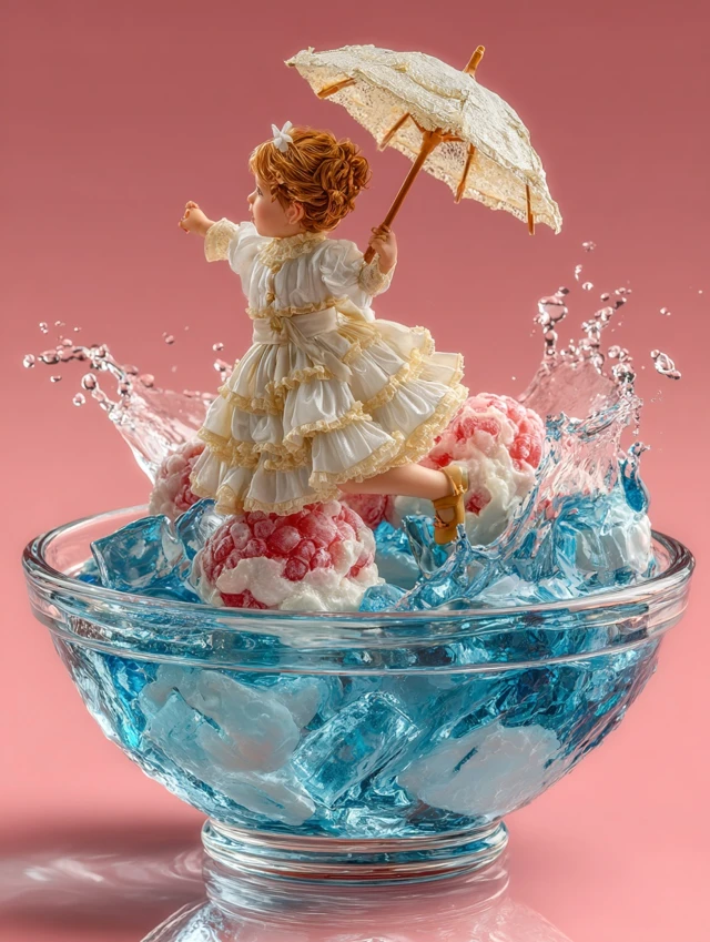 Girl in Dress with Umbrella on Jelly Illustration
