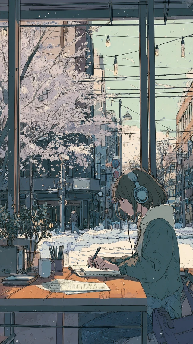 Anime Girl Studying Cafe Spring LoFi Ghibli Aesthetic