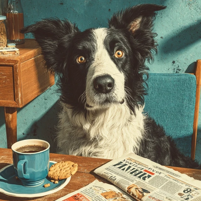 Border Collie Dog Reading Newspaper in Sunny Kitchen