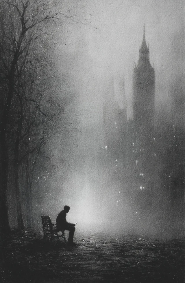 Solitary Figure in a Foggy Park Pencil Sketch