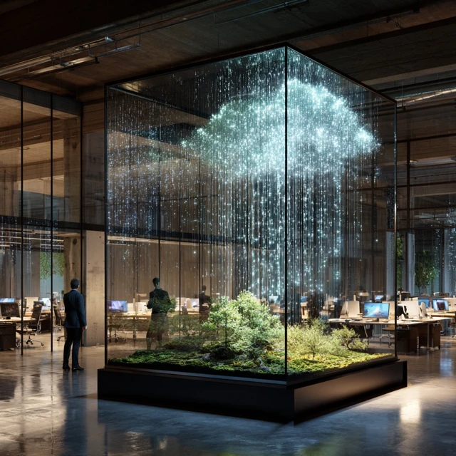 Modern Office Interior Glass Cube Garden and Data Rain