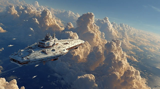 Spaceship Flying Through the Clouds Futuristic SciFi