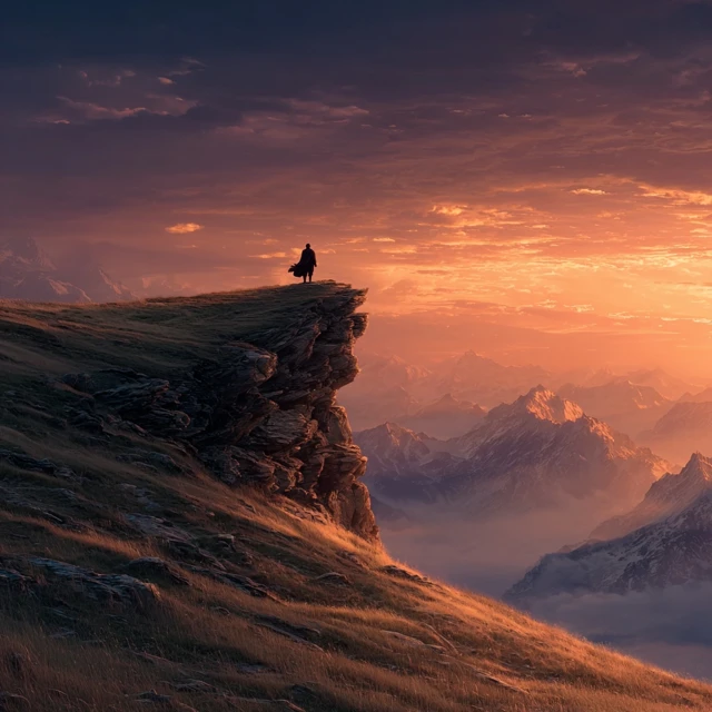 Warrior at Golden Hour Overlooking Mountains