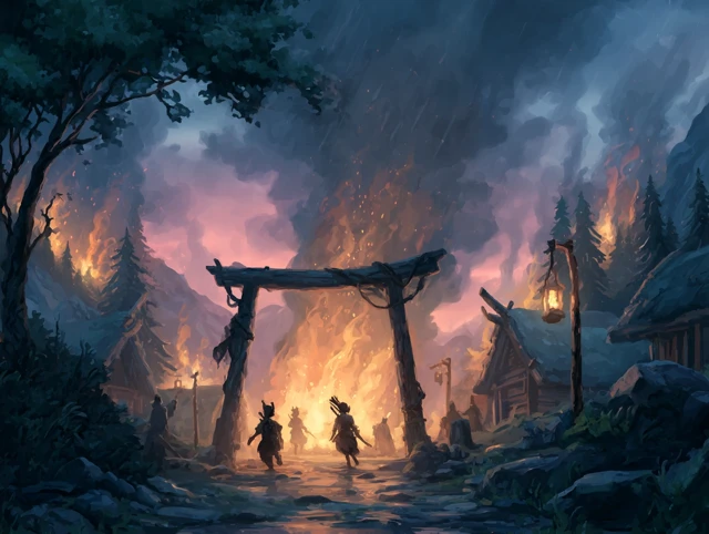 Burning Japanese Village Concept Art