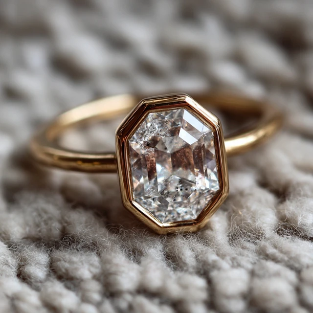 Hexagon Cut Diamond Ring in Gold Bezel Setting
