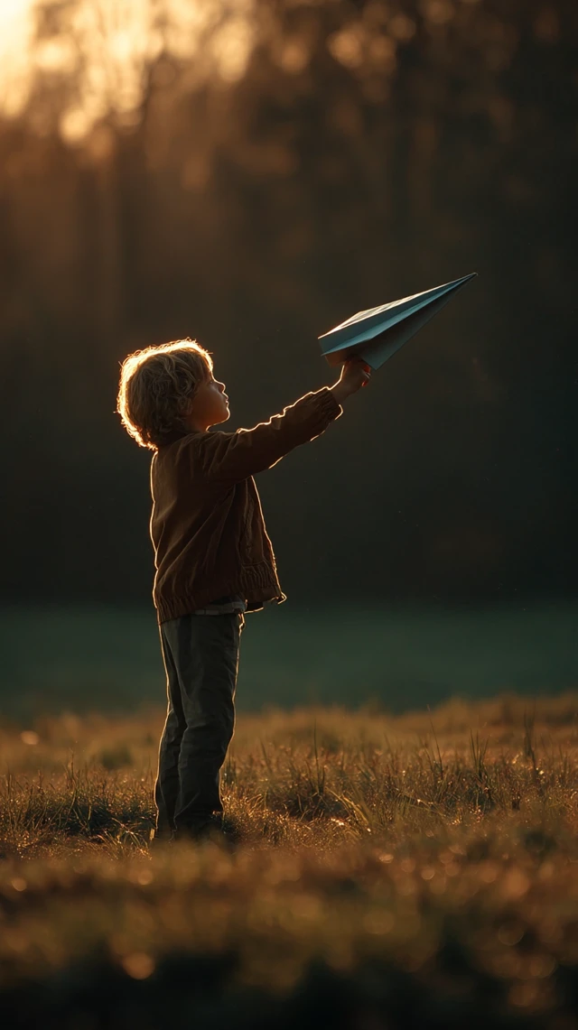 Childs Paper Plane Sunlight Hopeful Scene