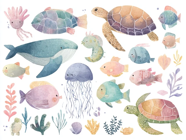 Watercolor Ocean Animal Painting Whale Fish