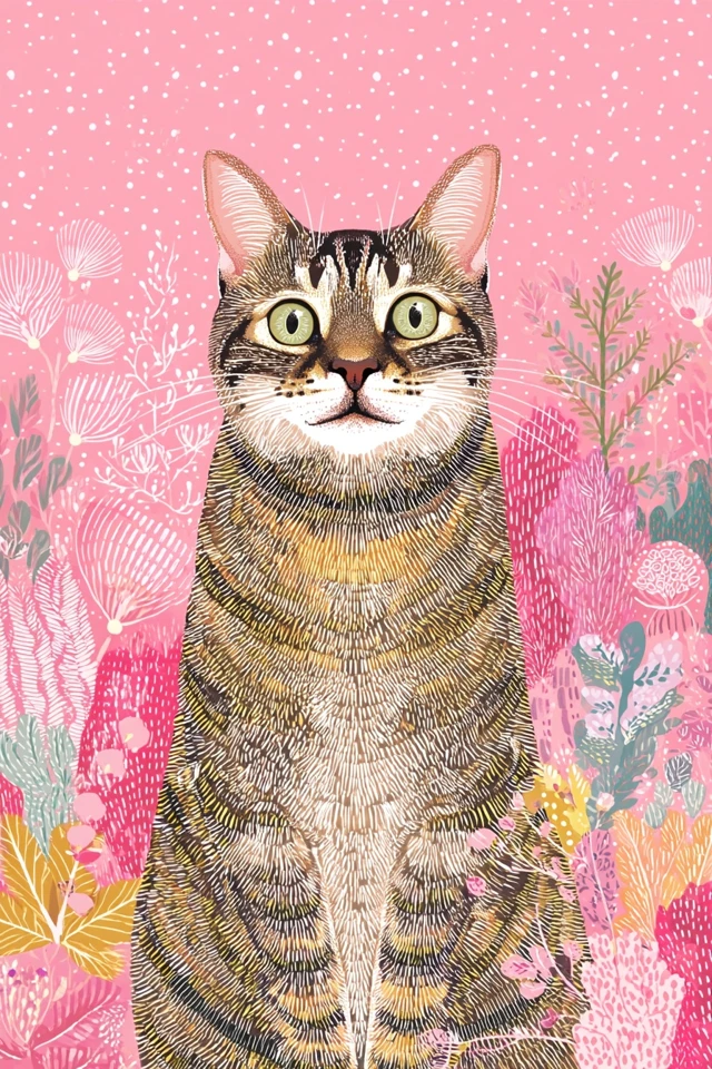 Happy Tabby Cat Folk Art Illustration