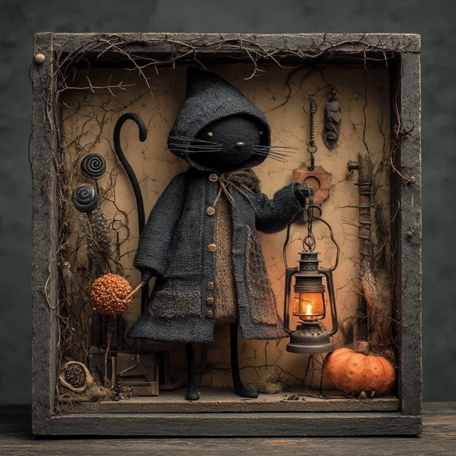 Photorealistic Diorama Shadow Bram Cat Halloween Art