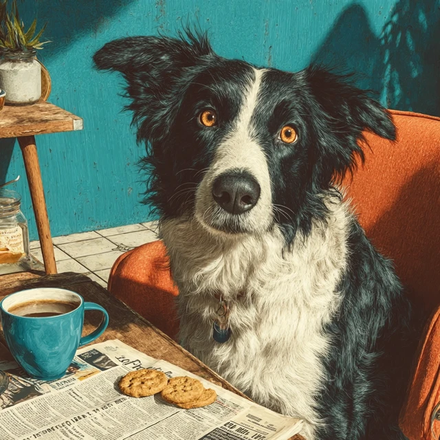 Border Collie Dog Reading Newspaper in Sunny Kitchen