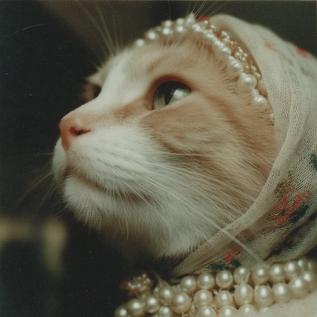 Cat in Headscarf Pearls Fashion Photography