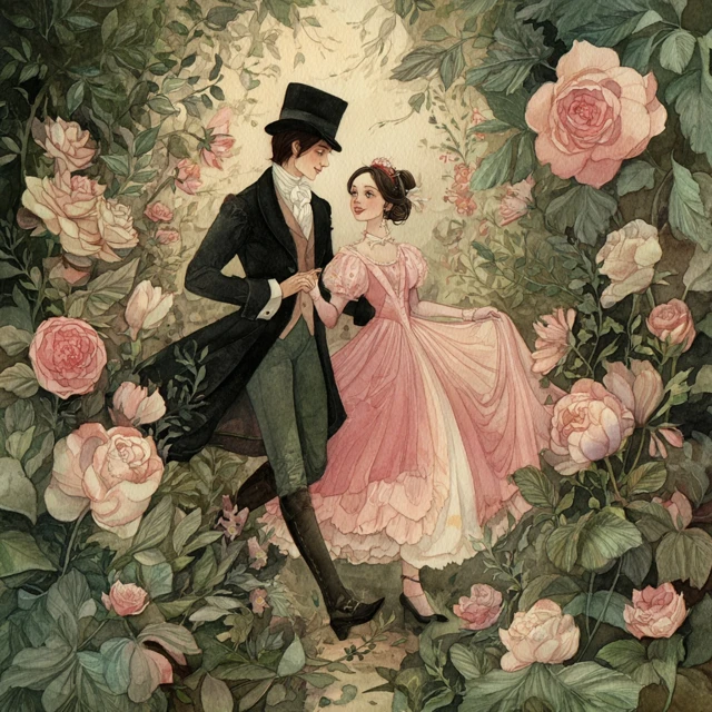 Victorian Couple Watercolor Painting in Rose Garden