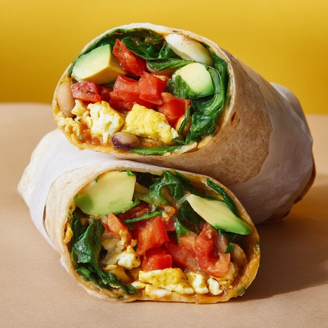 Breakfast Burrito with Avocado Eggs Tomato Spinach Beans