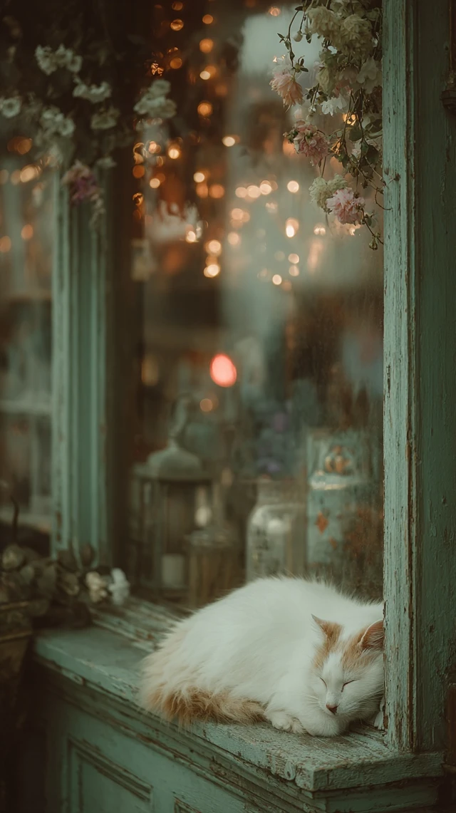 Vintage Cat Sleeping in City Storefront