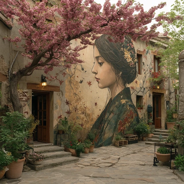 Woman Mural Blossoms in Ancient Courtyard