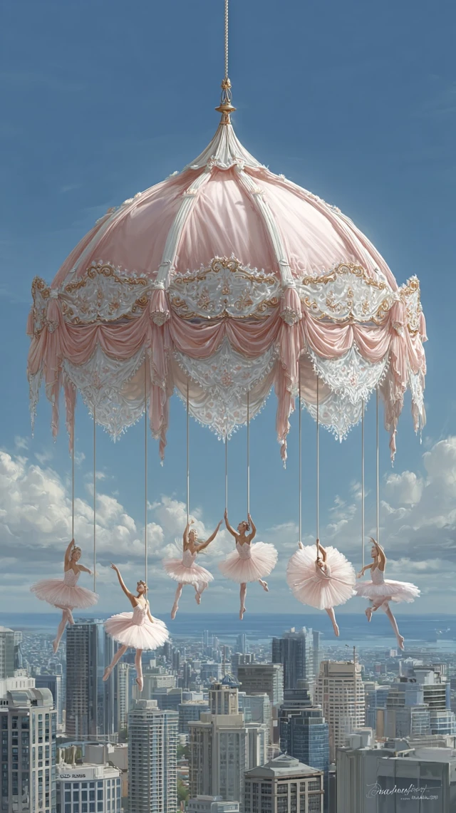 Dreamy Ballet Scene Lace Canopy Cityscape