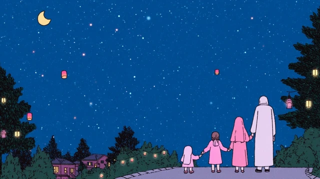 Muslim Family Eid Illustration Lanterns and Fairy Lights