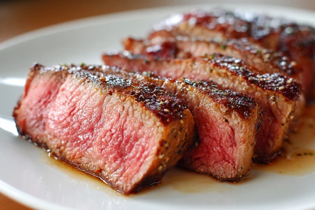 Juicy Medium Rare Steak Slices on White Plate
