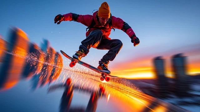 Urban Skateboarding Sunset Cityscape Extreme Action