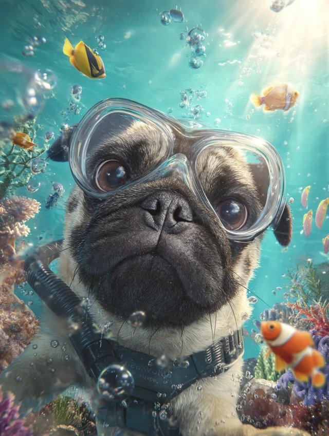 Underwater Pug Portrait Scuba Diving Adventure