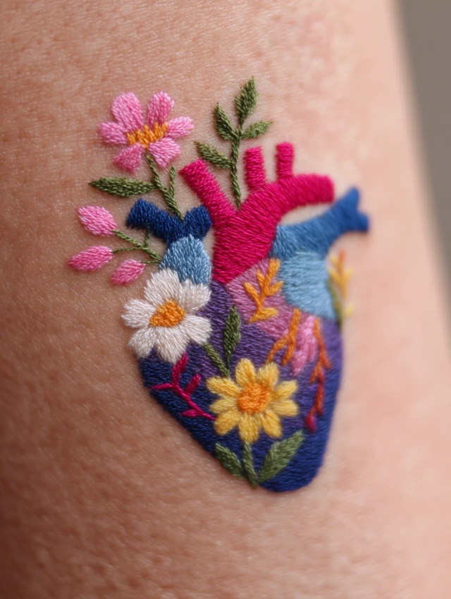 Embroidered Anatomical Heart Floral Design