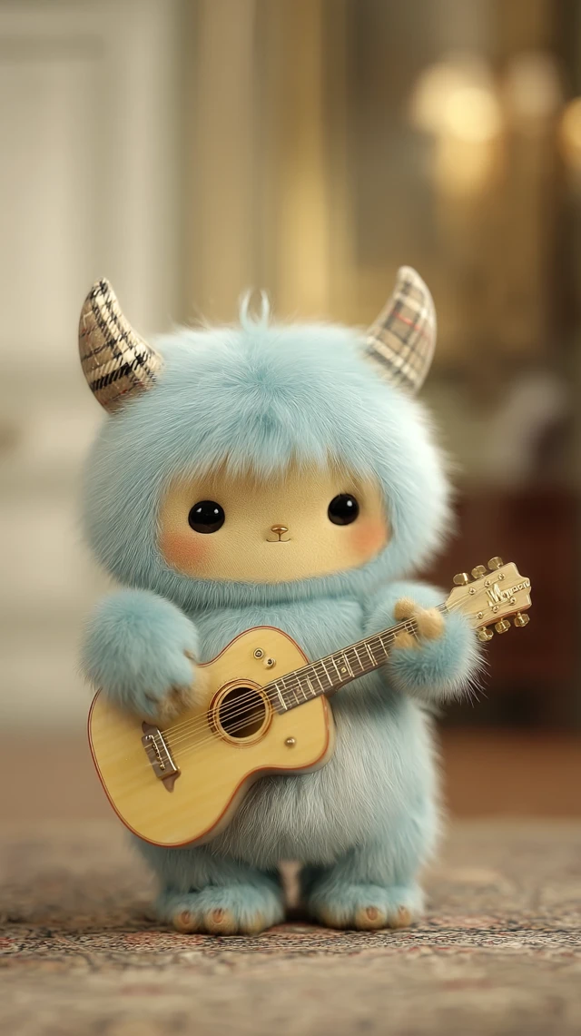 Cute Plush Labubu Monster Playing Guitar in Burberry