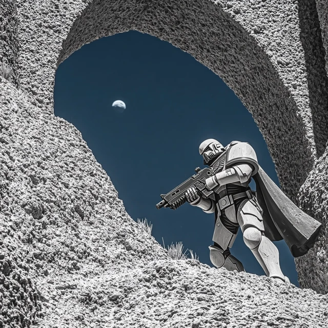 Space Marine in Cave - Black and White