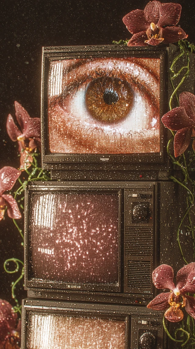 Surreal CRT TVs with Orchids: Dreamlike Analog Glitch