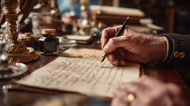 19th Century Writer at Work Close Up Cinematic Shot