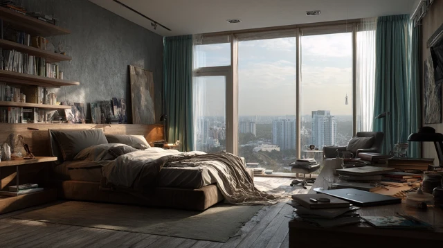 Modern Bedroom with Large Bed and Nature View
