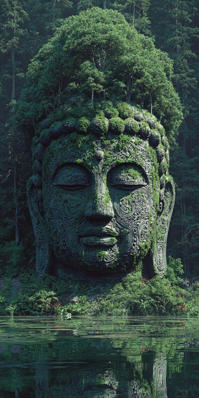 Buddha Statue with Trees Tranquil Forest Art
