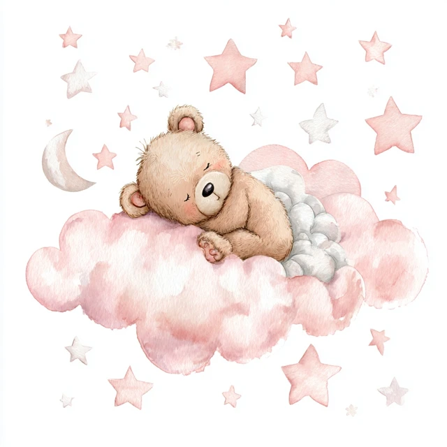 Baby Bear Sleeping on a Cloud Watercolor Art