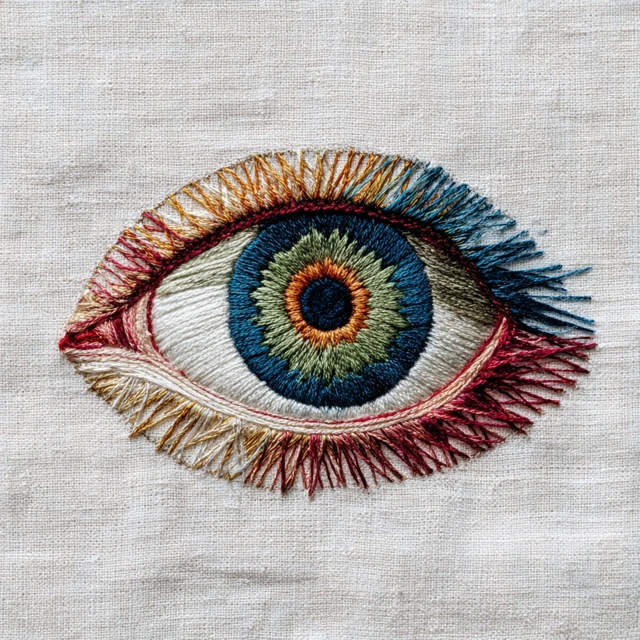 Embroidered Eyeball Colorful Thread Art on Linen