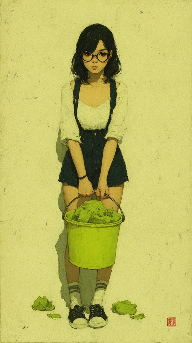 Japanese Girl Art Illustration with Bucket