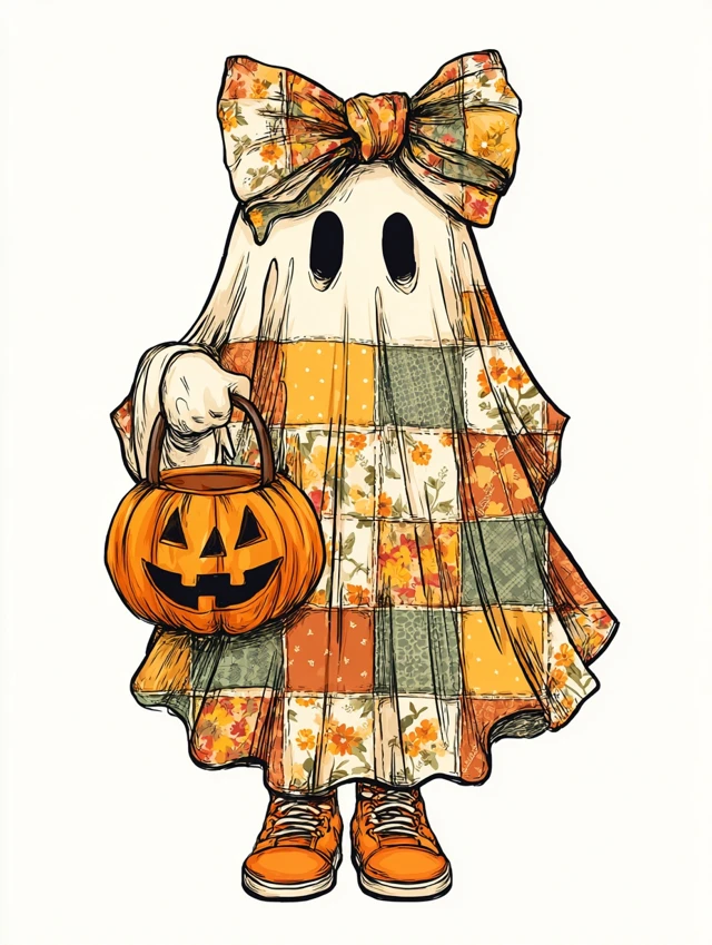 Cute Patchwork Ghost Halloween Illustration