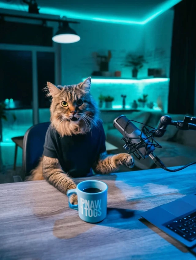 Podcast Cat Hyperrealistic Studio Scene