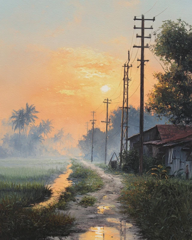 Kedah Village Sunrise Gouache Painting Malaysian Scene
