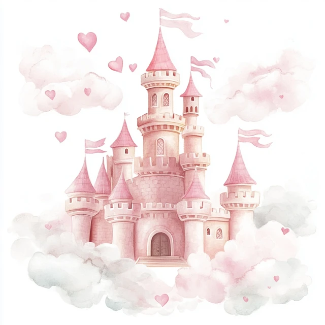 Whimsical Pink Fairytale Castle Watercolor Art