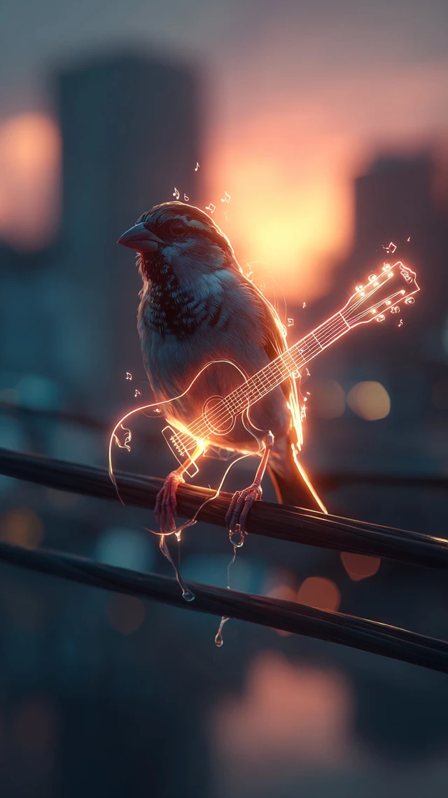 Musical Sparrow Glowing Line Art Illustration